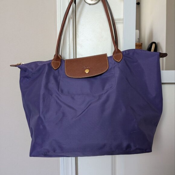 LONGCHAMP Le Pliage Original Large Tote Black Nylon Travel Should Purple - Picture 12 of 16